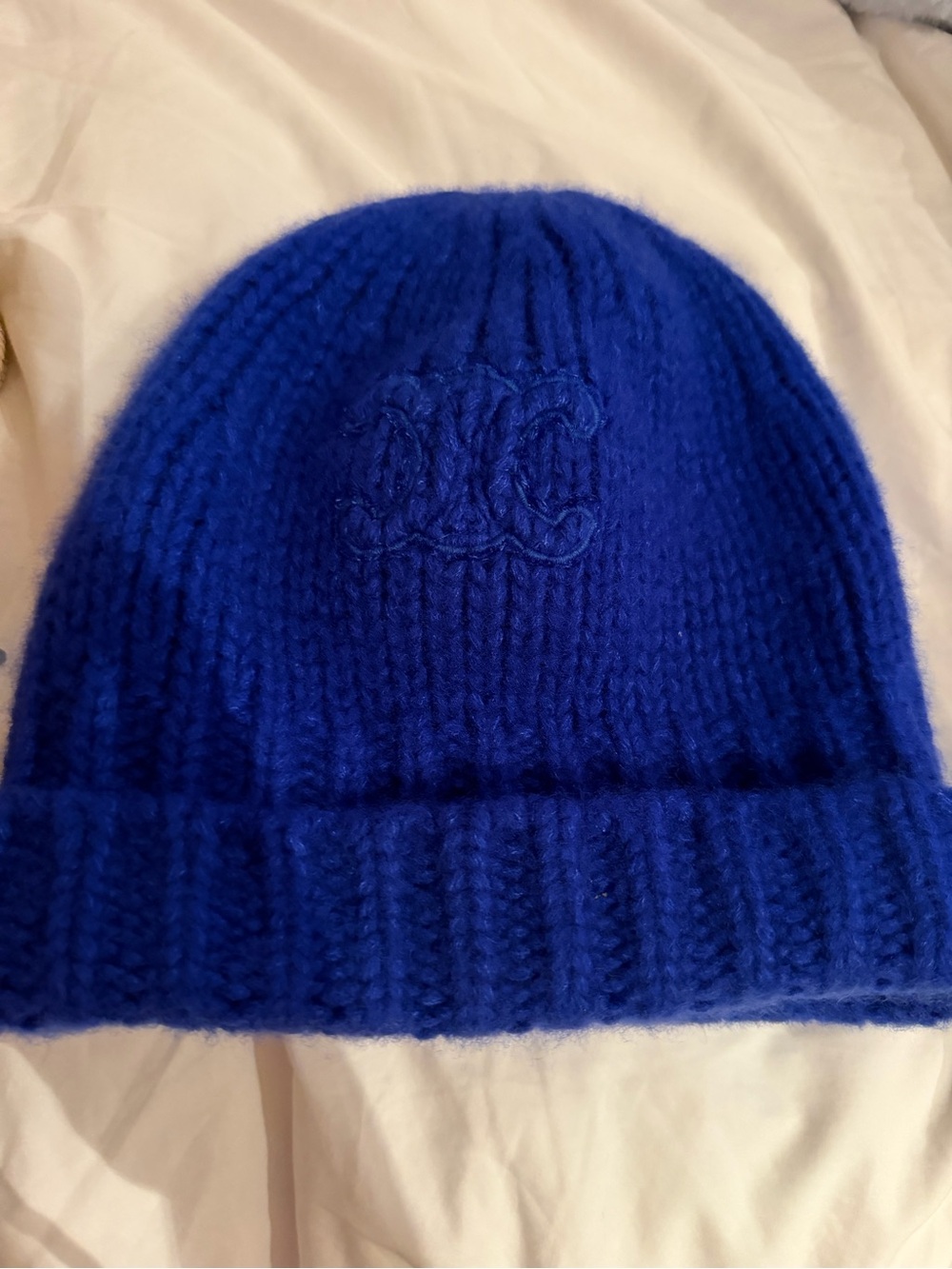Celine Royal Blue Knit Beanie with Monogram never worn